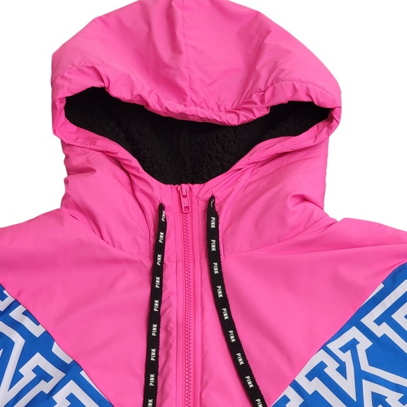 Victorias‎ Secret Jacket M/L Retro Sherpa Lined Neon Pink Blue Hooded Zip Coat - Picture 3 of 15